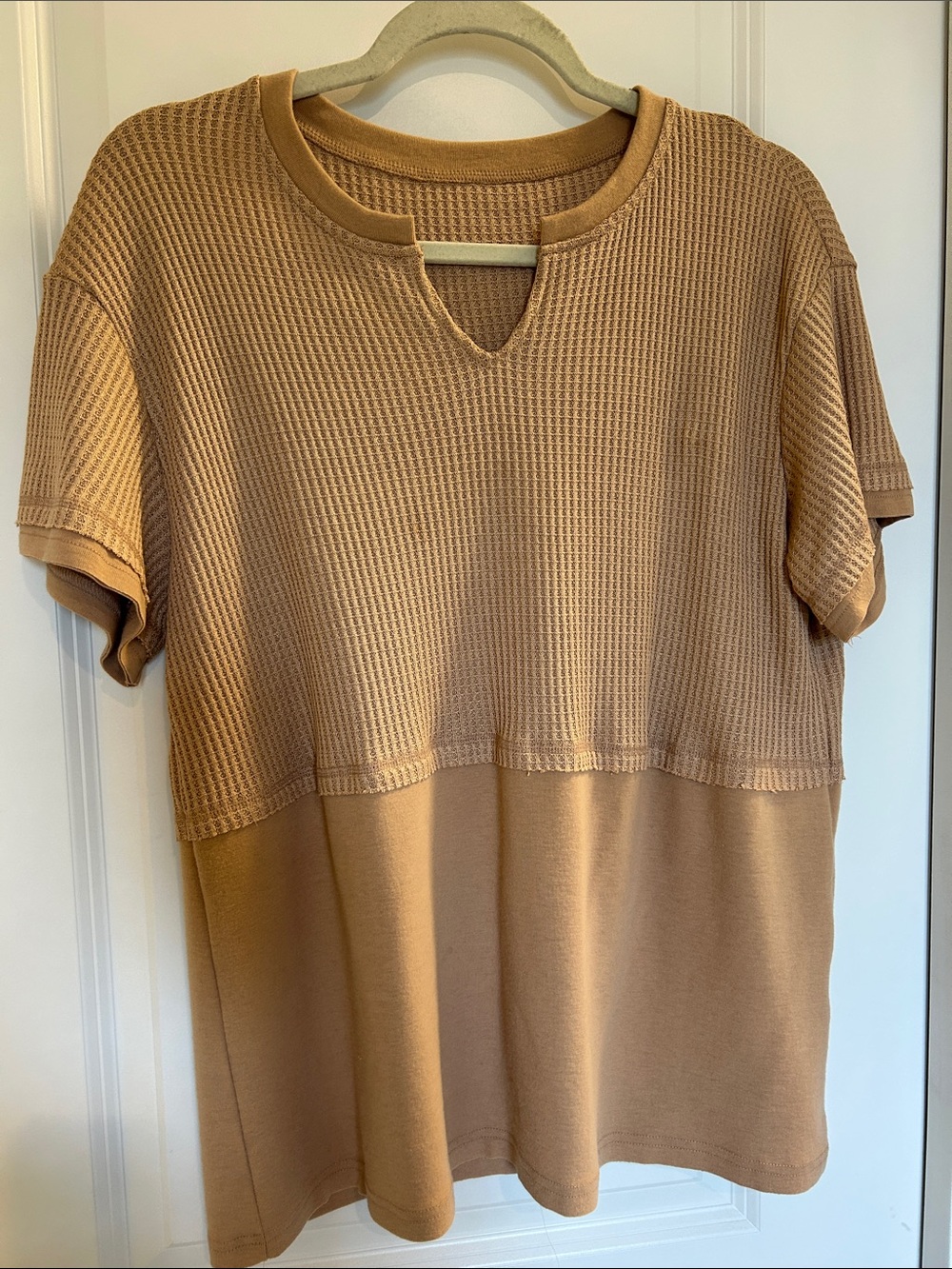 Waffle-Knit Short Sleeve Top in Camel